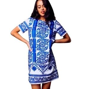 Lulus Fond of You Embroidered Blue White Shift Dress Small Lined